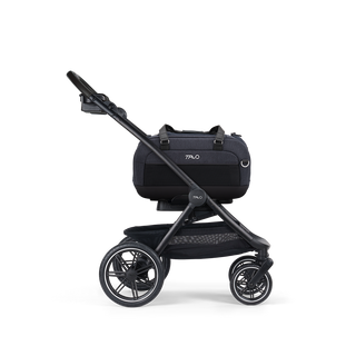 A Dupree II Pet Car Seat, in astral, and attached to the Roscoe Trek 2.0 Pet Stroller Frame from a side profile