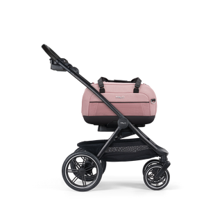 A Dupree II Pet Car Seat, in sakura, and attached to the Roscoe Trek 2.0 Pet Stroller Frame from a side profile