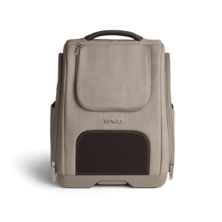 A Kamella Pet Backpack and Car Seat, in fawn, from the front