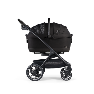 A Maeve iso 7x-L Pet Car Seat closed, in onyx, and attached to the Roscoe Trek 2.0 Pet Stroller Frame from a side profile