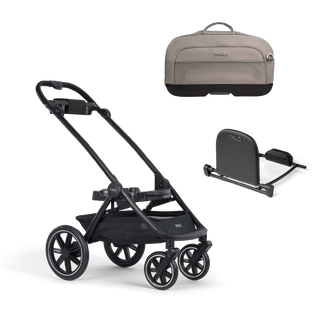 A Dupree I Pet Car Seat, in merle, and Dupree adaptor sitting next to the Roscoe Trek 2.0 Pet Stroller Frame