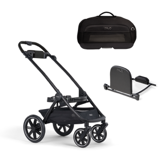 A Dupree I Pet Car Seat, in onyx, and Dupree adaptor sitting next to the Roscoe Trek 2.0 Pet Stroller Frame