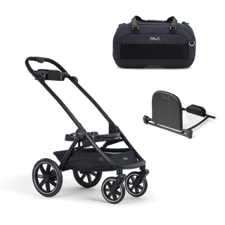 A Dupree II Pet Car Seat, in astral, and Dupree adaptor sitting next to the Roscoe Trek 2.0 Pet Stroller Frame