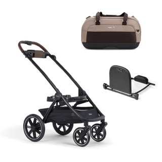 A Dupree II Pet Car Seat, in fawn, and Dupree adaptor sitting next to the Roscoe Trek 2.0 Pet Stroller Frame