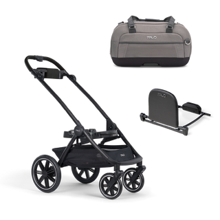 A Dupree II Pet Car Seat, in merle, and Dupree adaptor sitting next to the Roscoe Trek 2.0 Pet Stroller Frame