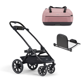 A Dupree II Pet Car Seat, in sakura, and Dupree adaptor sitting next to the Roscoe Trek 2.0 Pet Stroller Frame