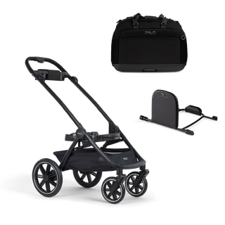 A Hendrick Pet Car Seat, in onyx, and a Hendrick adaptor sitting next to the Roscoe Trek 2.0 Pet Stroller Frame