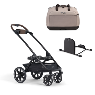 A Hendrick Car Seat, in tawny, and a Hendrick adaptor sitting next to the Roscoe Trek 2.0 Pet Stroller Frame