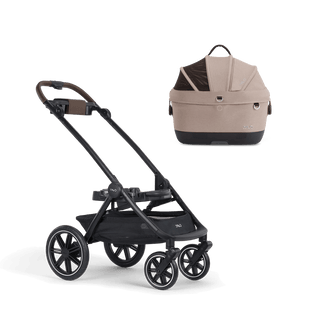 A Maeve iso 5x Pet Car Seat closed, in fawn, sitting next to the Roscoe Trek 2.0 Pet Stroller Frame