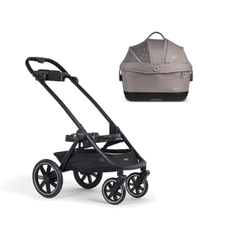 A Maeve iso 5x Pet Car Seat closed, in merle, sitting next to the Roscoe Trek 2.0 Pet Stroller Frame