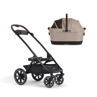 A Maeve iso 6x Pet Car Seat closed, in fawn, sitting next to the Roscoe Trek 2.0 Pet Stroller Frame