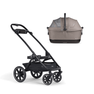 A Maeve iso 6x Pet Car Seat closed, in merle, sitting next to the Roscoe Trek 2.0 Pet Stroller Frame