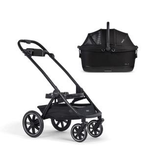 A Maeve iso 6x Pet Car Seat closed, in onyx, sitting next to the Roscoe Trek 2.0 Pet Stroller Frame