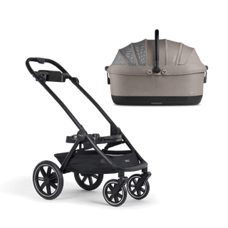 A Maeve iso 7x-L Pet Car Seat closed, in merle, sitting next to the Roscoe Trek 2.0 Pet Stroller Frame