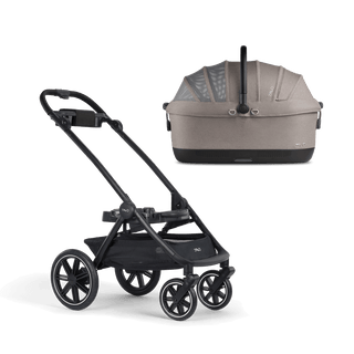 A Maeve iso 7x-R Pet Car Seat closed, in merle, sitting next to the Roscoe Trek 2.0 Pet Stroller Frame