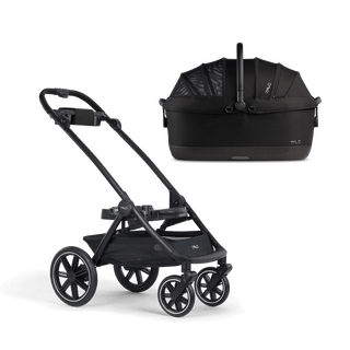 A Maeve iso 7x-R Pet Car Seat closed, in onyx, sitting next to the Roscoe Trek 2.0 Pet Stroller Frame