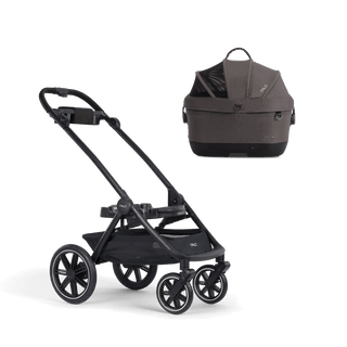 A Maeve iso Wind 5x Pet Car Seat closed, in ashen, and attached to the Roscoe Trek 2.0 Pet Stroller Frame from a side profile