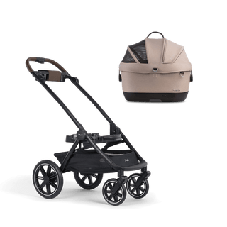 A Maeve iso Wind 5x Pet Car Seat closed, in fawn, sitting next to the Roscoe Trek 2.0 Pet Stroller Frame