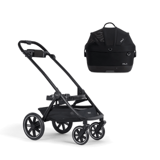 A Maeve iso Wind 5x Pet Car Seat closed, in onyx, and attached to the Roscoe Trek 2.0 Pet Stroller Frame from a side profile