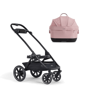 A Maeve iso Wind 5x Pet Car Seat closed, in sakura, and attached to the Roscoe Trek 2.0 Pet Stroller Frame from a side profile