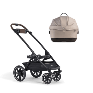 A Maeve iso Wind 5x Pet Car Seat closed, in tawny, and attached to the Roscoe Trek 2.0 Pet Stroller Frame from a side profile