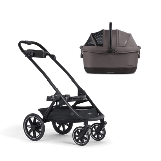 A Maeve iso Wind 6x Pet Car Seat closed, in ashen, sitting next to the Roscoe Trek 2.0 Pet Stroller Frame
