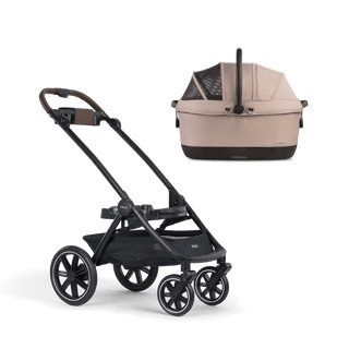 A Maeve iso Wind 6x Pet Car Seat closed, in fawn, sitting next to the Roscoe Trek 2.0 Pet Stroller Frame