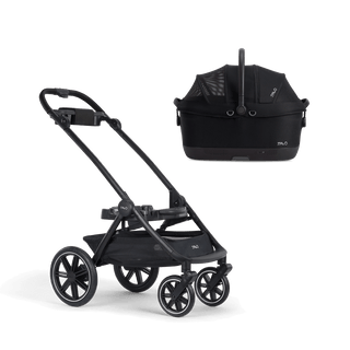 A Maeve iso Wind 6x Pet Car Seat closed, in onyx, sitting next to the Roscoe Trek 2.0 Pet Stroller Frame