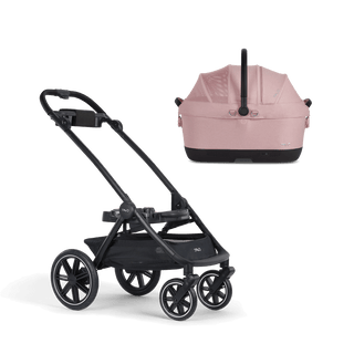 A Maeve iso Wind 6x Pet Car Seat closed, in sakura, sitting next to the Roscoe Trek 2.0 Pet Stroller Frame