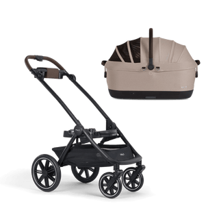 A Maeve iso Wind 7x-L Pet Car Seat closed, in fawn, and attached to the Roscoe Trek 2.0 Pet Stroller Frame from a side profile