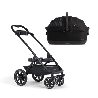 A Maeve iso Wind 7x-L Pet Car Seat closed, in onyx, sitting next to the Roscoe Trek 2.0 Pet Stroller Frame