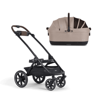 A Maeve iso Wind 7x-R Pet Car Seat closed, in fawn, and attached to the Roscoe Trek 2.0 Pet Stroller Frame from a side profile