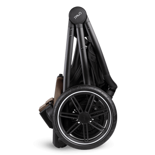 A Roscoe Trek 2.0 Pet Stroller frame in chocolate shown folded
