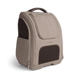 A Kamella Pet Backpack and Car Seat, in fawn, from a side angle