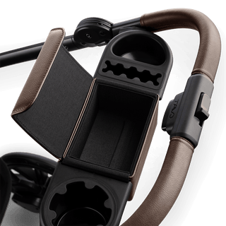 A Roscoe Trek 2.0 Pet Stroller frame in chocolate showing its orgnaizer bar open