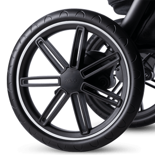 A Roscoe Trek 2.0 Pet Stroller frame showing a close up of it's rear wheel