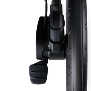 A Roscoe Trek 2.0 Pet Stroller frame showing a close up of wheel brake