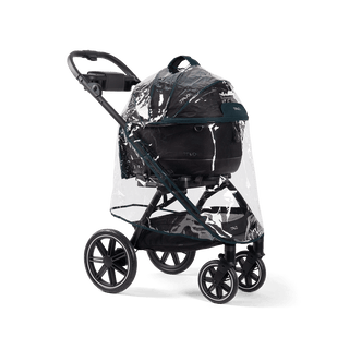 A Tavo Pets rain cover on a Maeve 5 series pet travel system shown from an angle