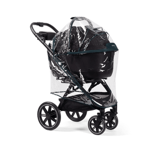 A Tavo Pets rain cover on a Maeve 6 series pet travel system shown from an angle
