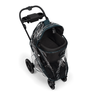 A Tavo Pets rain cover on a Maeve 5 series pet travel system shown from overhead with the carrier open