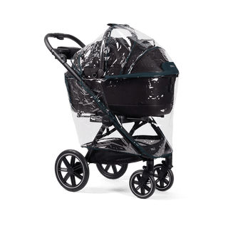 A Tavo Pets rain cover on a Maeve 7 series pet travel system shown from an angle