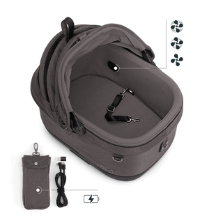 Maeve iso5x Wind pet car seat in the ashen fashion shown from above with the durable mattress pad and pointing out the integrated fans and the power bank bag