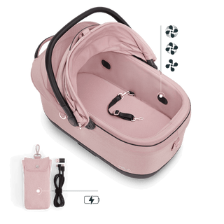 Maeve iso6x Wind pet car seat in the sakura fashion shown from above with the durable mattress pad and pointing out the integrated fans and the power bank bag