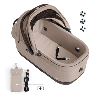 Maeve iso7x Wind pet car seat in the tawny fashion shown from above with the durable mattress pad and pointing out the integrated fans and the power bank bag