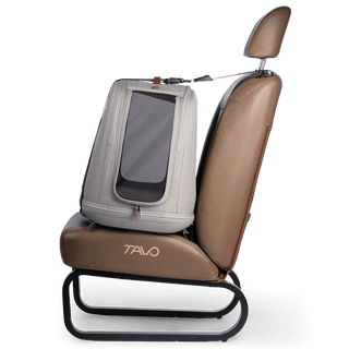 Tavo Pets Crispin small crash-tested pet travel crate in Merle gray on vehicle bench side view