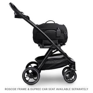 Side view of the pet stroller with the attached Dupree adapter and the black Dupree pet car seat secured on the adapter. Below the image is text that reads: "Roscoe frame and Dupree car seat available separately."