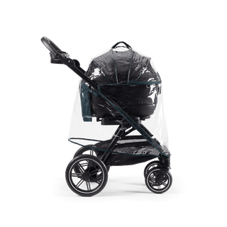 A Tavo Pets rain cover on a Maeve 5 series pet travel system shown from an angle