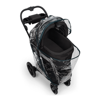 A Tavo Pets rain cover on a Maeve 6 series pet travel system shown from overhead with the carrier open