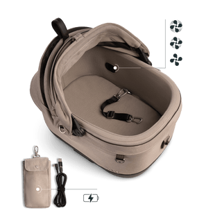 A Maeve iso 5x Wind Pet Car Seat in the fashion fawn showing the interior intergrated fan and the battery power bank pouch