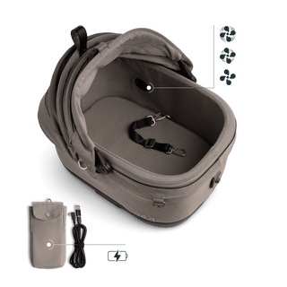 A Maeve iso 5x Wind Pet Car Seat in the fashion merle showing the interior intergrated fan and the battery power bank pouch